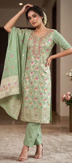Green color Salwar Kameez in Banarasi Silk, Cotton fabric with Bugle Beads, Embroidered work
