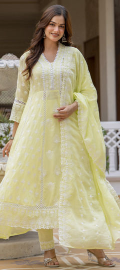 Yellow color Salwar Kameez in Cotton fabric with Embroidered work