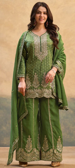 Green color Salwar Kameez in Viscose fabric with Embroidered work