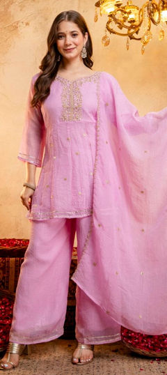 Pink and Majenta color Salwar Kameez in Crushed Silk fabric with Embroidered, Sequence work