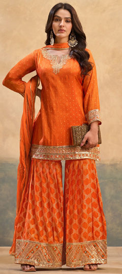 Orange color Salwar Kameez in Viscose fabric with Embroidered work