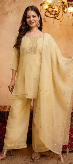 Yellow color Salwar Kameez in Crushed Silk fabric with Embroidered, Sequence work