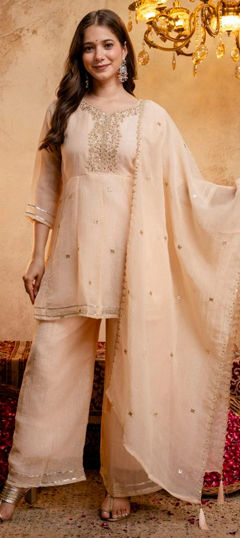 Beige and Brown color Salwar Kameez in Crushed Silk fabric with Embroidered, Sequence work