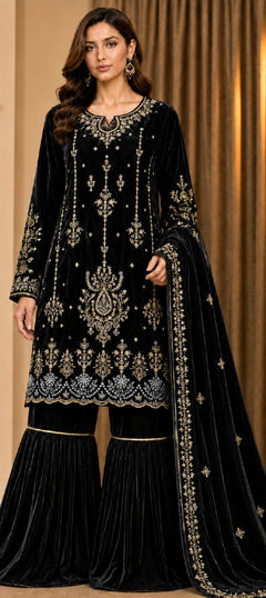Black and Grey color Salwar Kameez in Velvet fabric with Embroidered work
