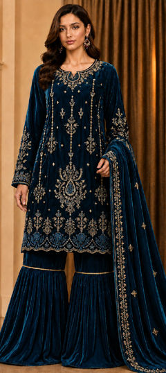 Blue color Salwar Kameez in Velvet fabric with Embroidered work