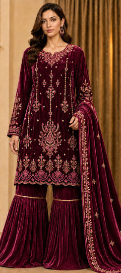 Red and Maroon color Salwar Kameez in Velvet fabric with Embroidered work
