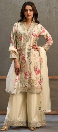 White and Off White color Salwar Kameez in Chinon Silk fabric with Embroidered, Floral, Printed work
