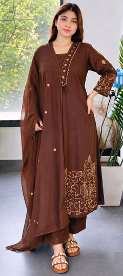 Beige and Brown color Salwar Kameez in Roman Silk fabric with Embroidered work