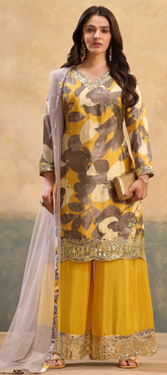 Yellow color Salwar Kameez in Chinon Silk fabric with Embroidered, Floral, Printed work