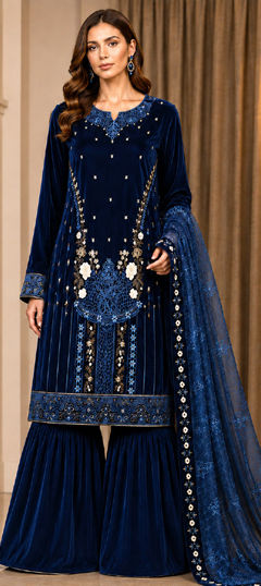 Blue color Salwar Kameez in Velvet fabric with Embroidered, Sequence, Zari work