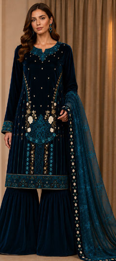 Blue color Salwar Kameez in Velvet fabric with Embroidered, Sequence, Zari work