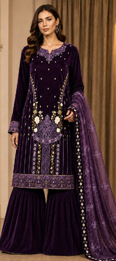 Purple and Violet color Salwar Kameez in Velvet fabric with Embroidered, Sequence, Zari work
