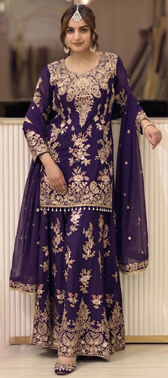 Purple and Violet color Salwar Kameez in Faux Georgette fabric with Embroidered, Sequence work