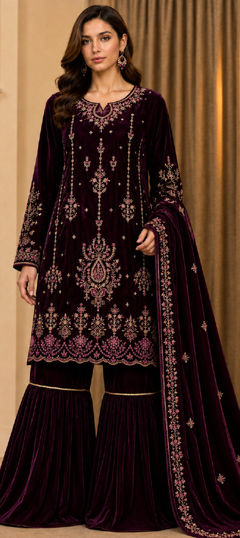 Purple and Violet color Salwar Kameez in Velvet fabric with Embroidered work
