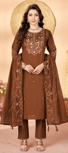 Beige and Brown color Salwar Kameez in Silk fabric with Embroidered, Thread work
