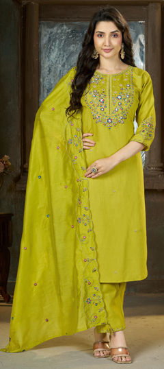 Green color Salwar Kameez in Silk fabric with Embroidered, Thread work