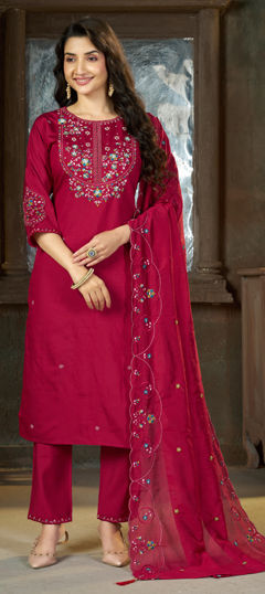 Pink and Majenta color Salwar Kameez in Silk fabric with Embroidered, Thread work