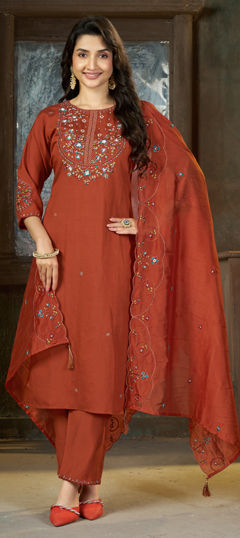 Red and Maroon color Salwar Kameez in Silk fabric with Embroidered, Thread work