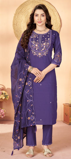 Purple and Violet color Salwar Kameez in Silk fabric with Embroidered, Thread work