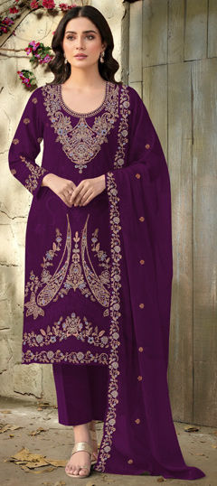 Purple and Violet color Salwar Kameez in Velvet fabric with Embroidered, Sequence, Thread, Zari work