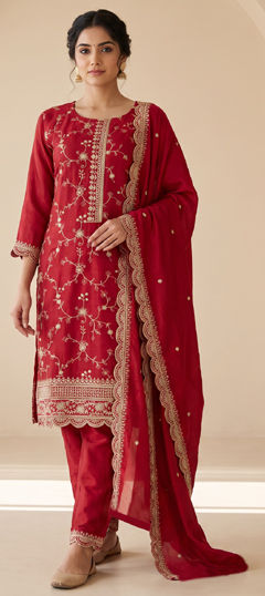 Red and Maroon color Salwar Kameez in Chinon Silk fabric with Embroidered work