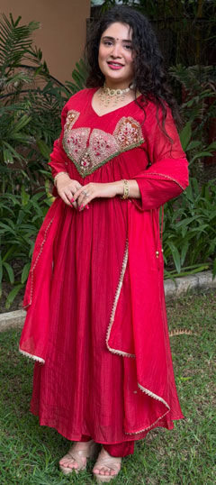 Red and Maroon color Salwar Kameez in Mul Chanderi fabric with Embroidered work