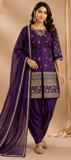 Purple and Violet color Salwar Kameez in Silk fabric with Embroidered work
