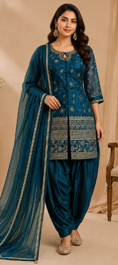 Blue color Salwar Kameez in Silk fabric with Embroidered work