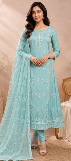 Blue color Salwar Kameez in Silk fabric with Embroidered work