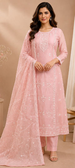 Pink and Majenta color Salwar Kameez in Silk fabric with Embroidered work