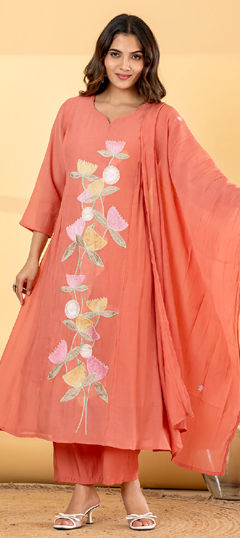 Pink and Majenta color Salwar Kameez in Mul Chanderi fabric with Bugle Beads, Embroidered, Thread, Zari work
