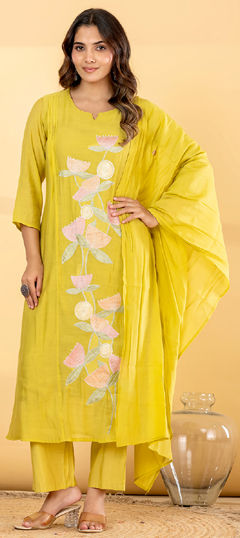 Gold color Salwar Kameez in Mul Chanderi fabric with Bugle Beads, Embroidered, Zari work