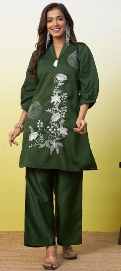 Green color Co-ords Set in Rayon, Viscose fabric with Embroidered work