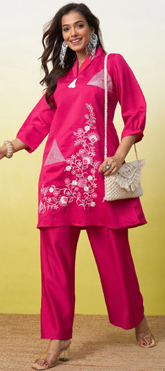 Pink and Majenta color Co-ords Set in Rayon, Viscose fabric with Embroidered work