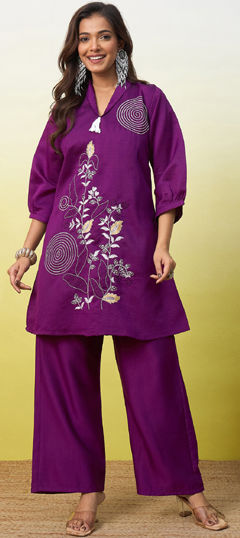 Purple and Violet color Co-ords Set in Rayon, Viscose fabric with Embroidered work