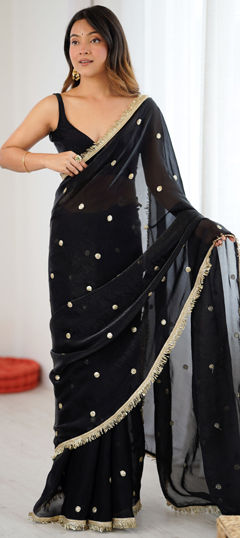 Black and Grey color Saree in Tissue fabric with Embroidered, Sequence, Zari work