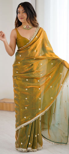 Gold color Saree in Tissue fabric with Embroidered, Sequence, Zari work
