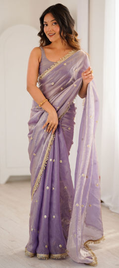 Purple and Violet color Saree in Tissue fabric with Embroidered, Sequence, Zari work
