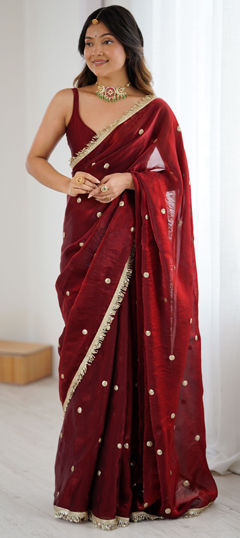 Red and Maroon color Saree in Tissue fabric with Embroidered, Sequence, Zari work