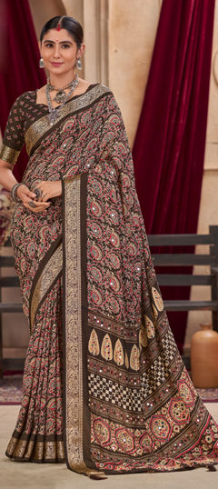 Black and Grey color Saree in Silk fabric with Floral, Mirror, Printed work