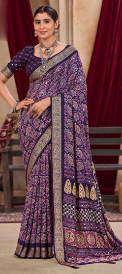 Blue color Saree in Silk fabric with Floral, Mirror, Printed work