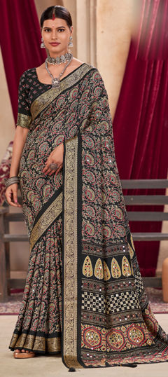 Black and Grey color Saree in Silk fabric with Floral, Mirror, Printed work