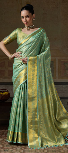 Green color Saree in Kanjeevaram Silk fabric with Weaving, Zari work