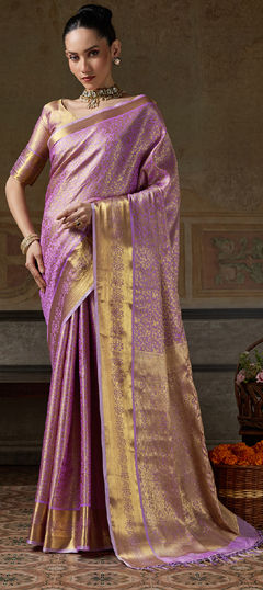 Purple and Violet color Saree in Kanjeevaram Silk fabric with Weaving, Zari work