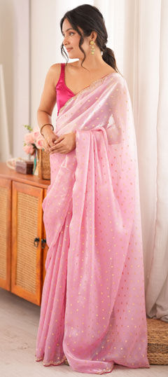 Pink and Majenta color Saree in Tissue fabric with Bugle Beads, Weaving work