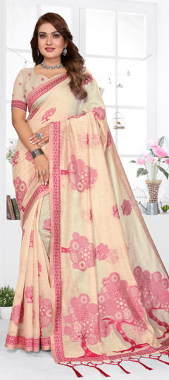 Beige and Brown color Saree in Cotton fabric with Weaving work