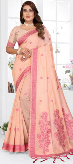 Pink and Majenta color Saree in Cotton fabric with Floral, Printed, Weaving work