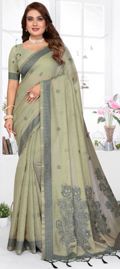 Green color Saree in Cotton fabric with Floral, Printed, Weaving work