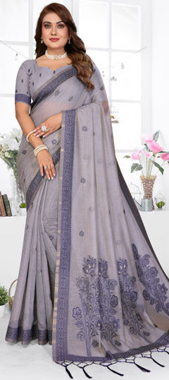 Black and Grey color Saree in Cotton fabric with Floral, Printed, Weaving work