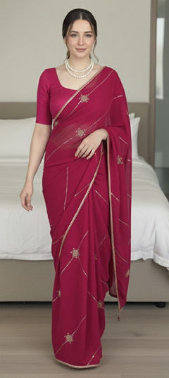 Pink and Majenta color Saree in Crushed Silk fabric with Bugle Beads, Embroidered work